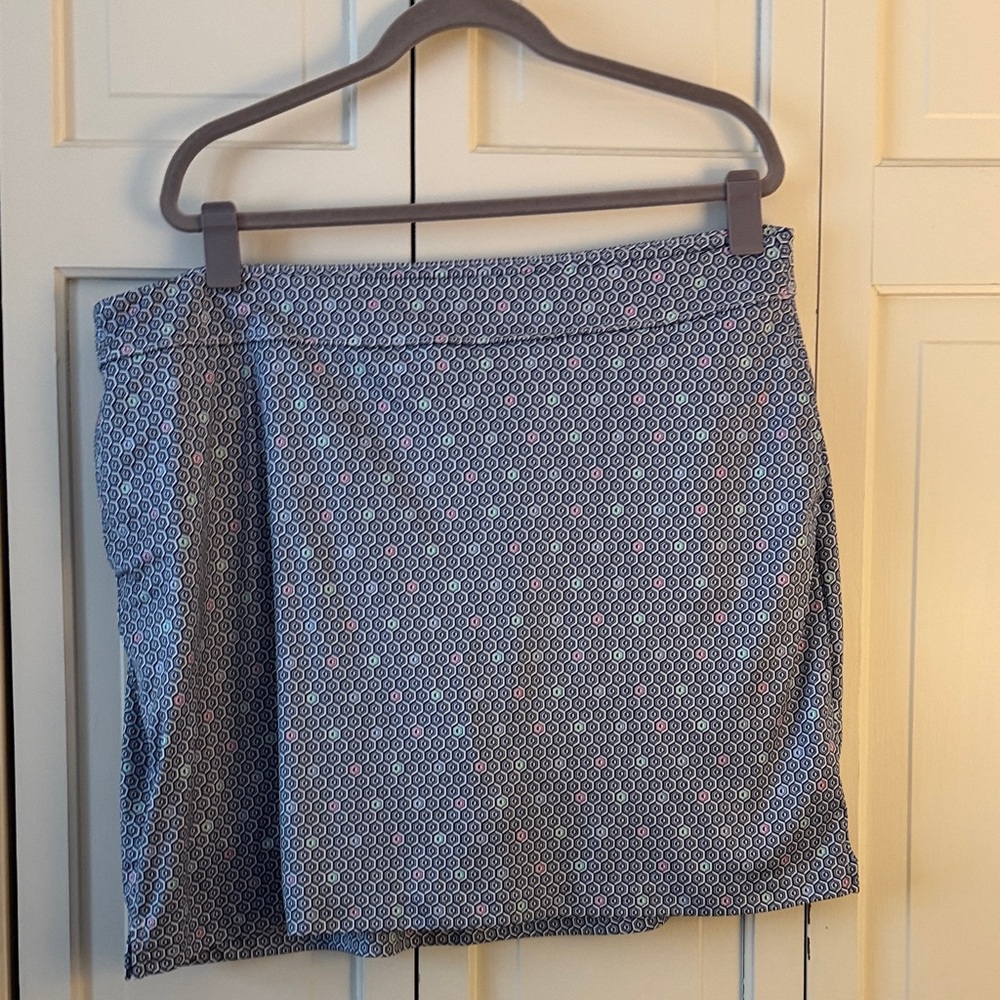 Greg Norman Collection Navy Geometric golf skort with Pink & Green Accents